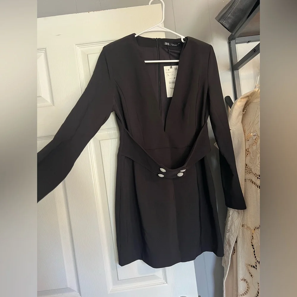 Zara Black Long-Sleeve V-Neck Belted Mini Dress with Button Detail